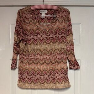 Alfred Dunner Burgundy, Tan & Gold Geometric Scoop Neck Long Sleeve Top